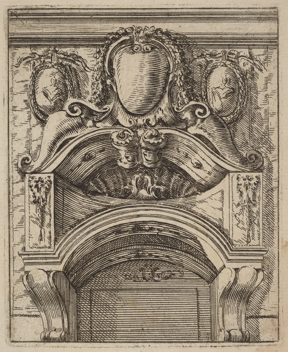 Architectural Motif with Three Shields, Two with Figures by Carlo Antonio Buffagnotti, print, 1690
