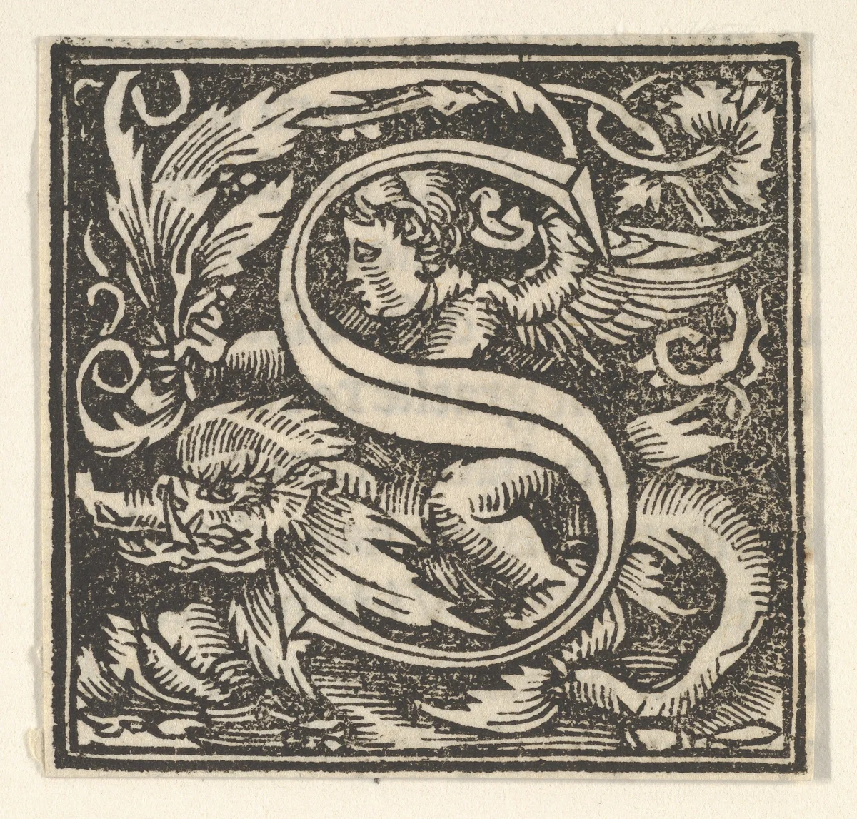 Initial letter S with putto by Heinrich Vogtherr, print, 1533-1540