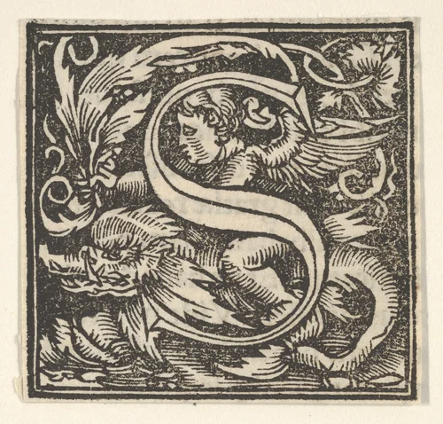 Initial letter S with putto by Heinrich Vogtherr, print, 1533-1540