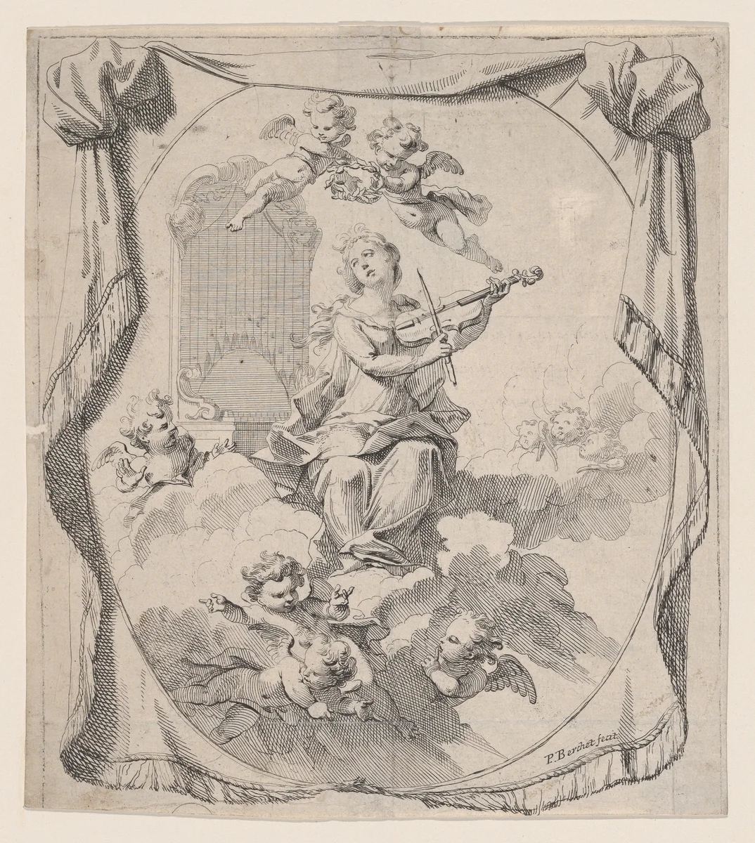 St. Cecilia on Clouds Upheld by Angels by Peter Berchet, print, 1696