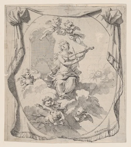 St. Cecilia on Clouds Upheld by Angels by Peter Berchet, print, 1696