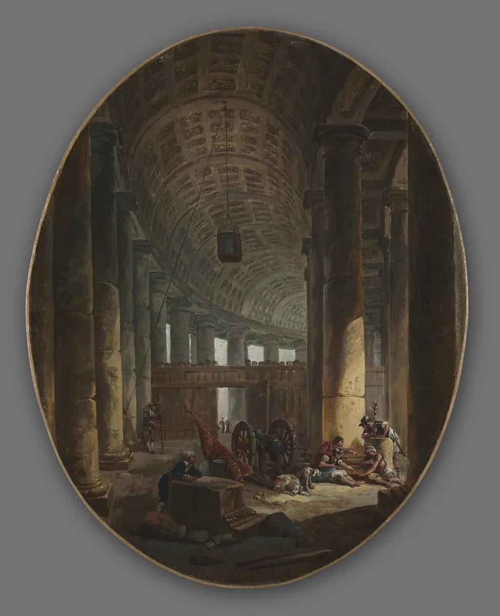 The Colonnade of St. Peter's, Rome, during the Conclave by Hubert Robert, painting, 1764-1774