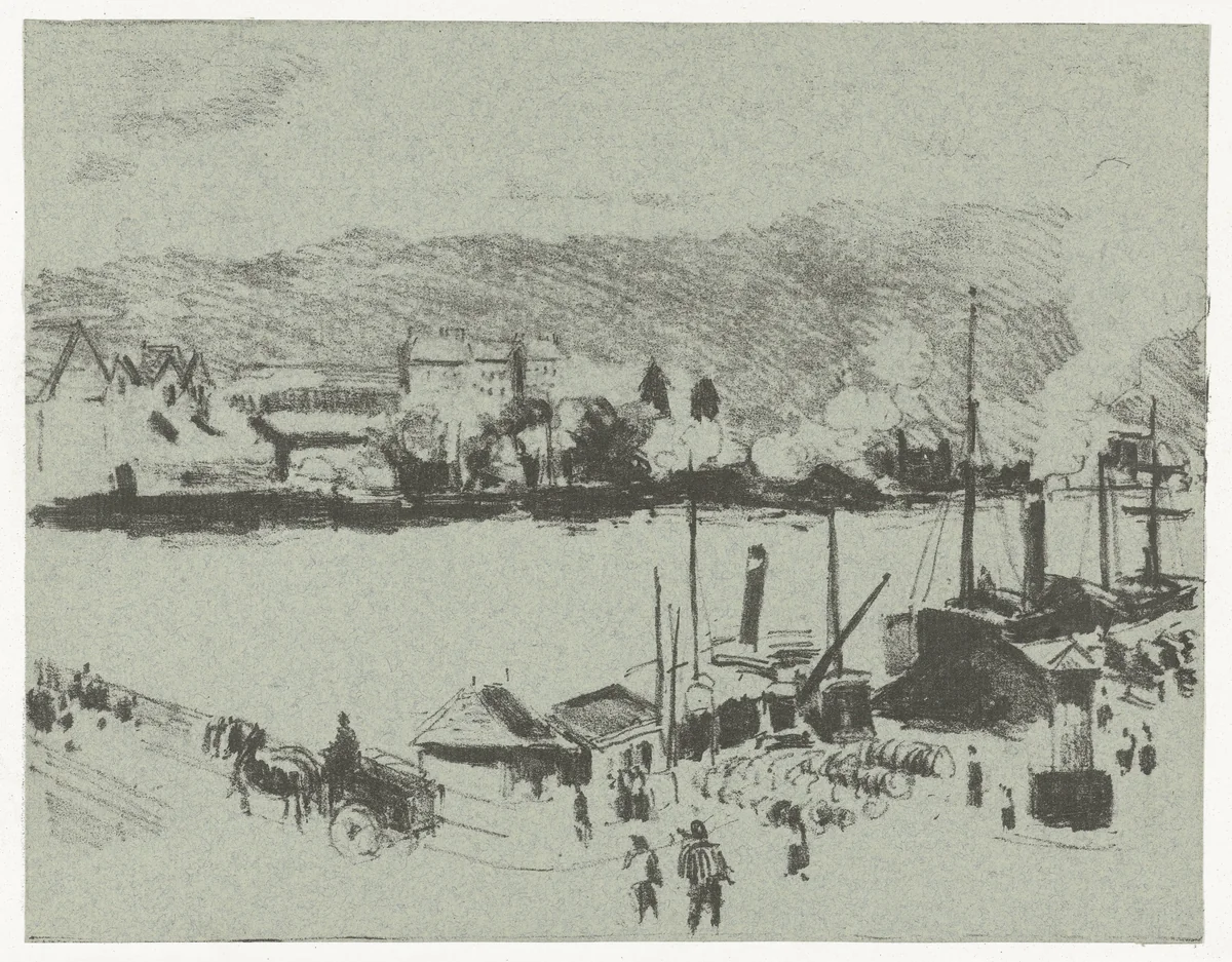 Gezicht op de kade van de Seine in Rouen by Camille Pissarro, print, 1896