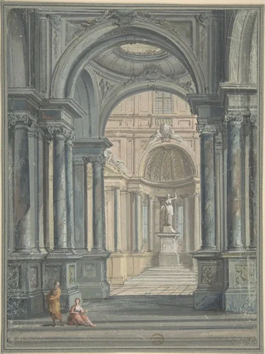 Interior of Temple, Design for Stage Scene by anonymous, drawing, 1700-1800