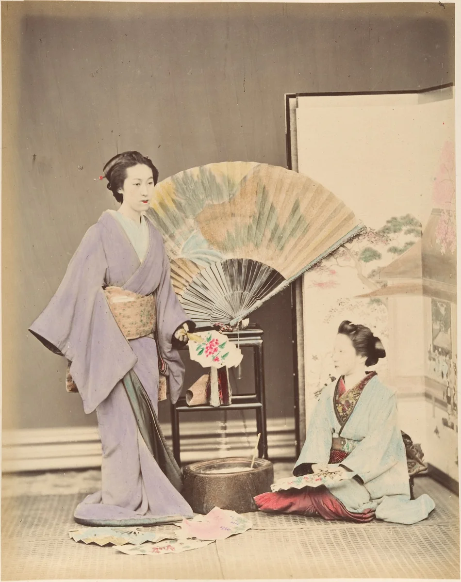 [Two Japanese Women in Traditional Dress with Fan and Screen] by Suzuki Shin'ichi, photograph, 1870-1879