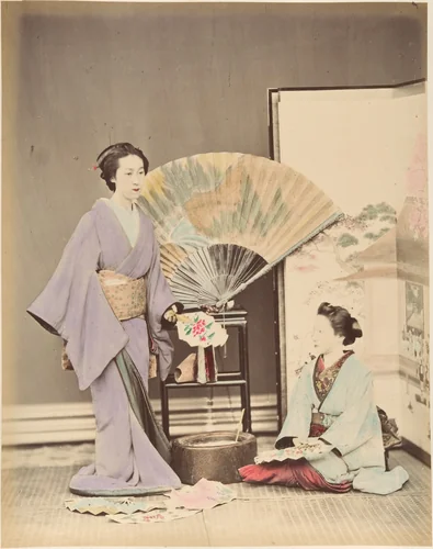 [Two Japanese Women in Traditional Dress with Fan and Screen] by Suzuki Shin'ichi, photograph, 1870-1879