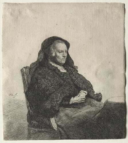 The Artist's Mother Seated at a Table, Looking Right: Three Quarter Length by Rembrandt van Rijn, print, 1626-1636