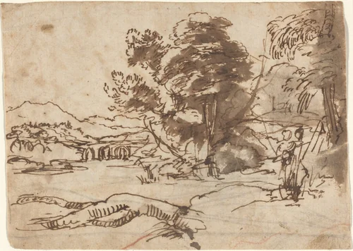 River Landscape by Claude Lorrain, drawing, 1635-1638