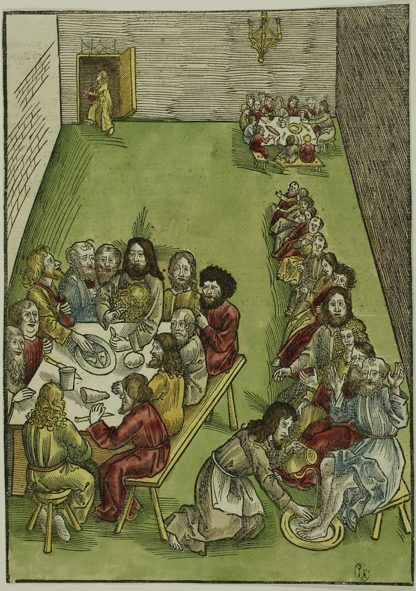 The Last Supper and Christ Washing the Feet of his Disciples, plate nine from Passio domini nostri Jesu Christi by Urs Graf, print, 1503-1506