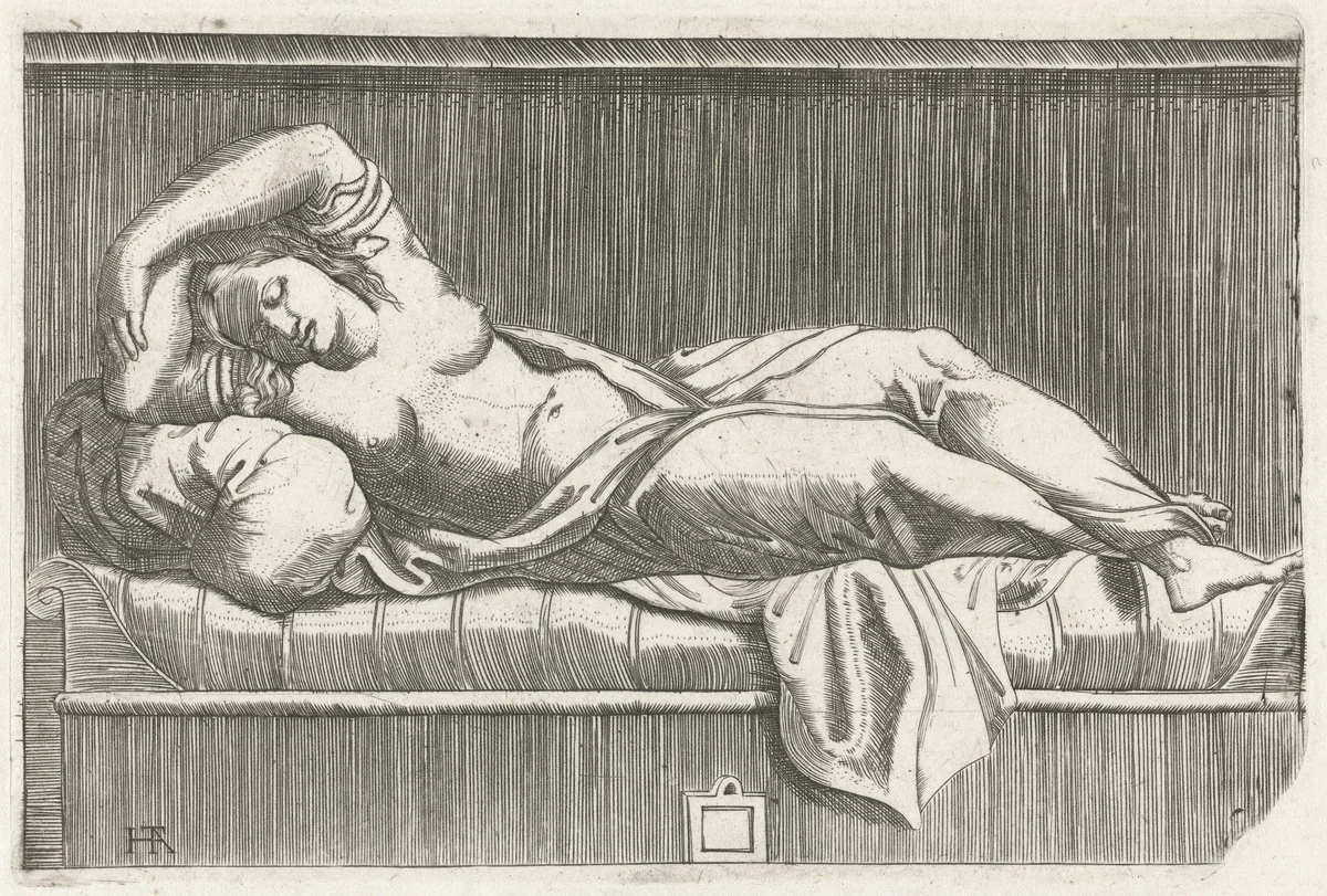 Cleopatra halfnaakt liggend op bed by Unknown, print, 1525-1575