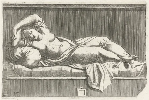 Cleopatra halfnaakt liggend op bed by Unknown, print, 1525-1575
