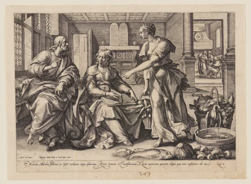 Christ in the House of Martha and Mary by Raphael Sadeler I, print, 1584