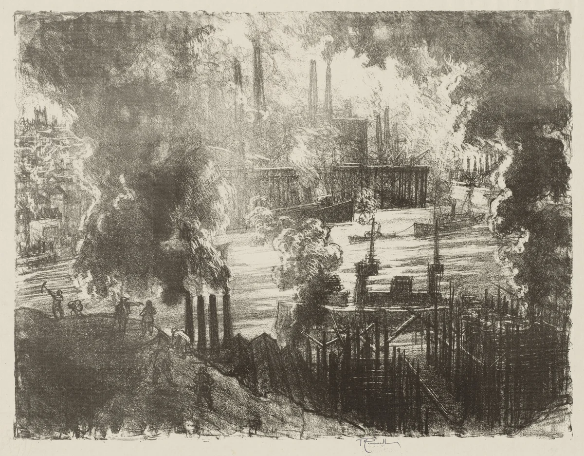English War Work: Munitions River by Joseph Pennell, print, 1916
