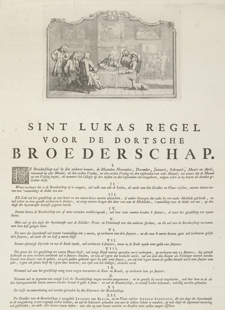 Reglement van het Broederschap van Sint Lucas uit Dordrecht, 1736 by Aert Schouman, print, 1736
