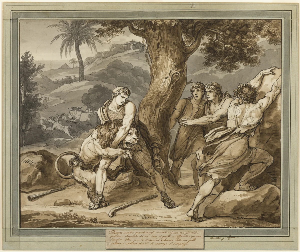 Telemachus Battles the Lion, from The Adventures of Telemachus, Book 2 by Bartolomeo Pinelli, drawing, 1808