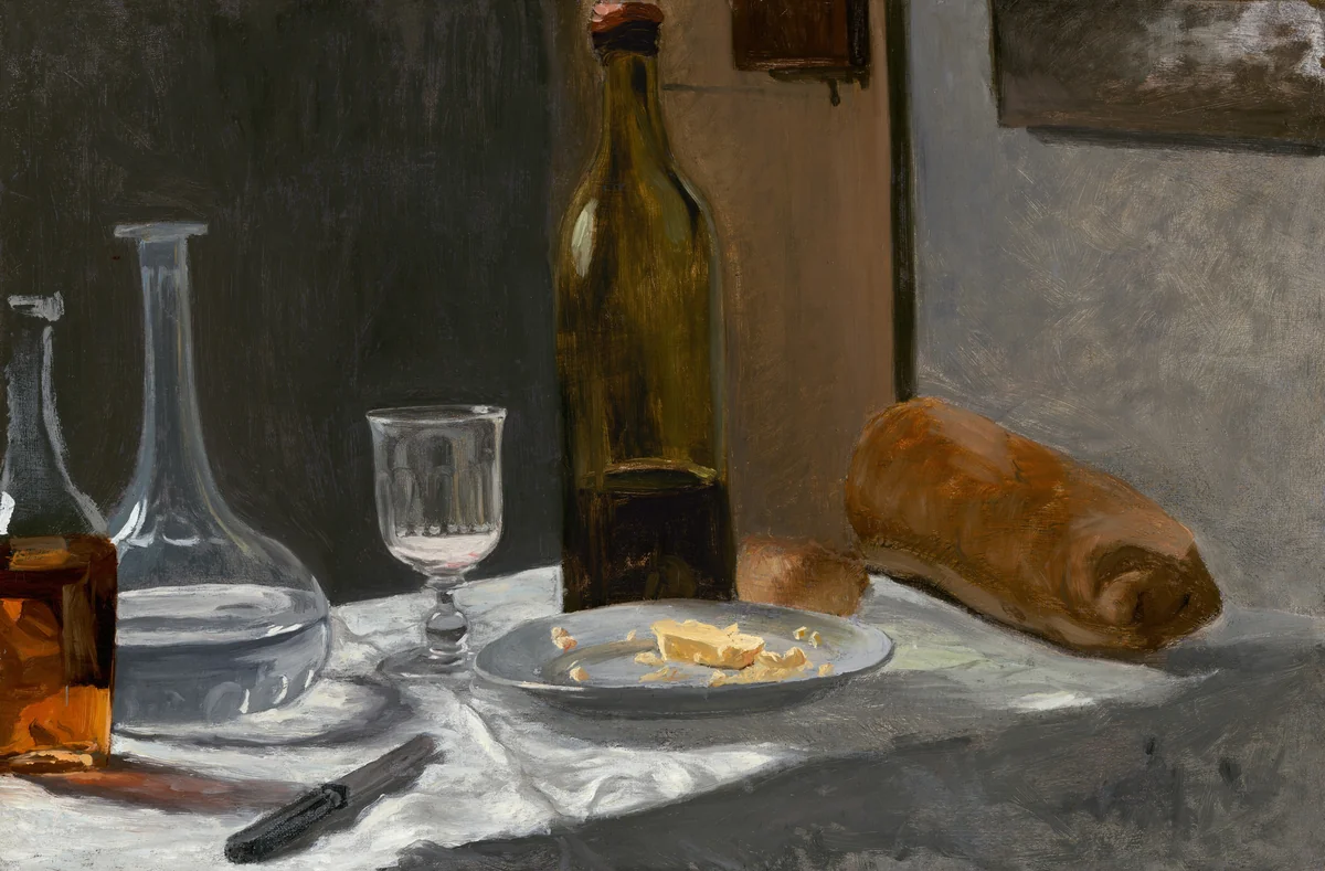 Still Life with Bottle, Carafe, Bread, and Wine by Claude Monet, painting, 1862-1863