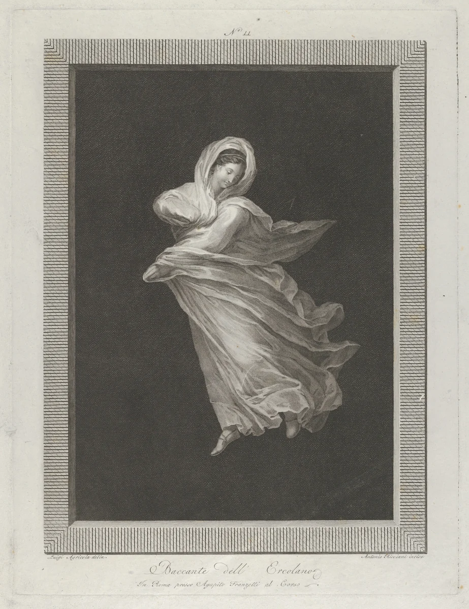 A bacchante wearing a flowing drapery, looking down, right arm bent and left arm outstretched, set against a black background inside a rectangular frame by Antonio Ricciani, print, 1790-1800