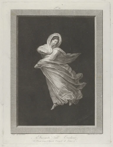 A bacchante wearing a flowing drapery, looking down, right arm bent and left arm outstretched, set against a black background inside a rectangular frame by Antonio Ricciani, print, 1790-1800