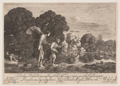 Tobias and the Angel Gabriel by Hendrick von Goudt, print, 1608