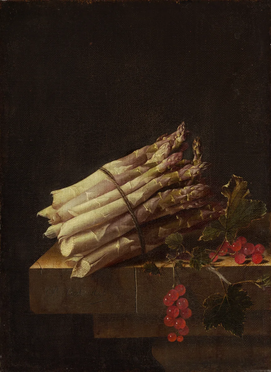 Still Life with Asparagus and Red Currants by Adriaen Coorte, painting, 1696