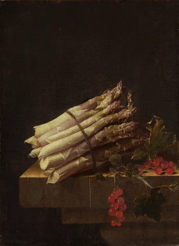 Still Life with Asparagus and Red Currants by Adriaen Coorte, painting, 1696