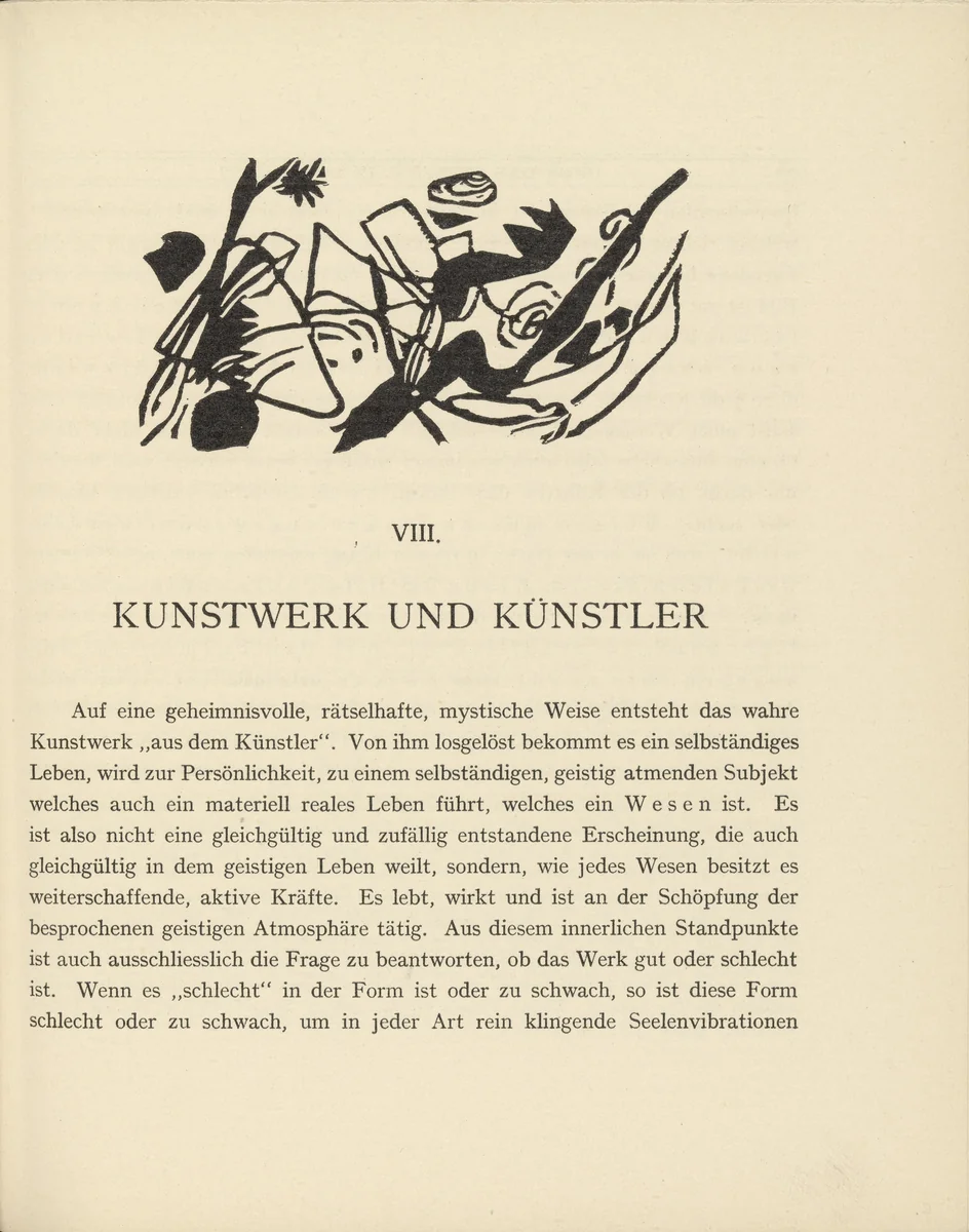 Vignette next to "Artwork and Artist" ("Kunstwerk und Künstler") (headpiece, page 95) from Über das Geistige in der Kunst (Concerning the Spiritual in Art) by Wassily Kandinsky, illustrated book, 1911
