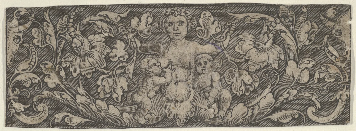 Horizontal Panel with a Siren with Foliage for Legs and Two Children by Allaert Claesz, print, 1515-1560