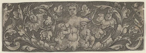 Horizontal Panel with a Siren with Foliage for Legs and Two Children by Allaert Claesz, print, 1515-1560