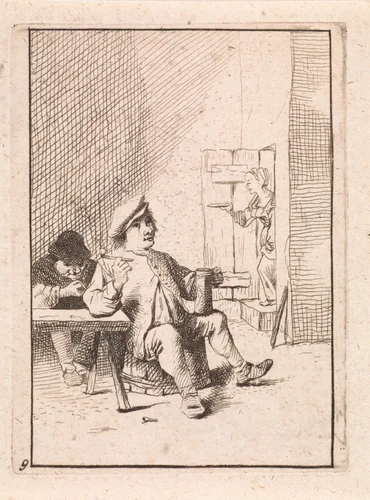 Zittende boer met kruik en pijp by anonymous, print, 1626-1740