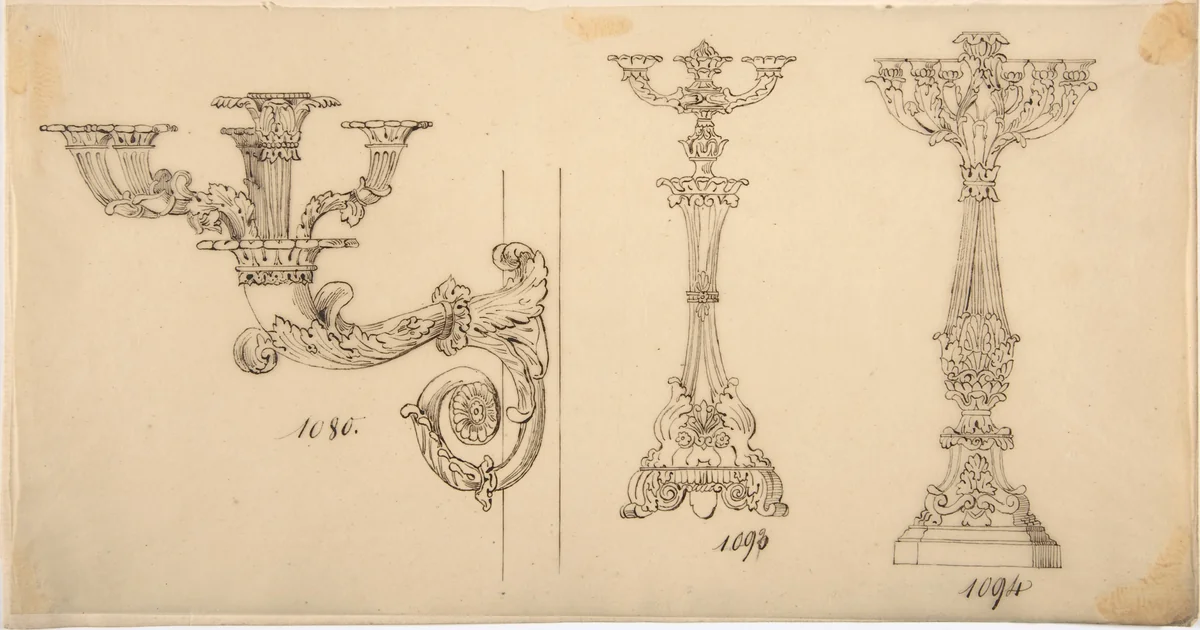 Design for a Sconce and Two Candelabras by anonymous, drawing, 1800-1899