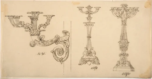 Design for a Sconce and Two Candelabras by anonymous, drawing, 1800-1899