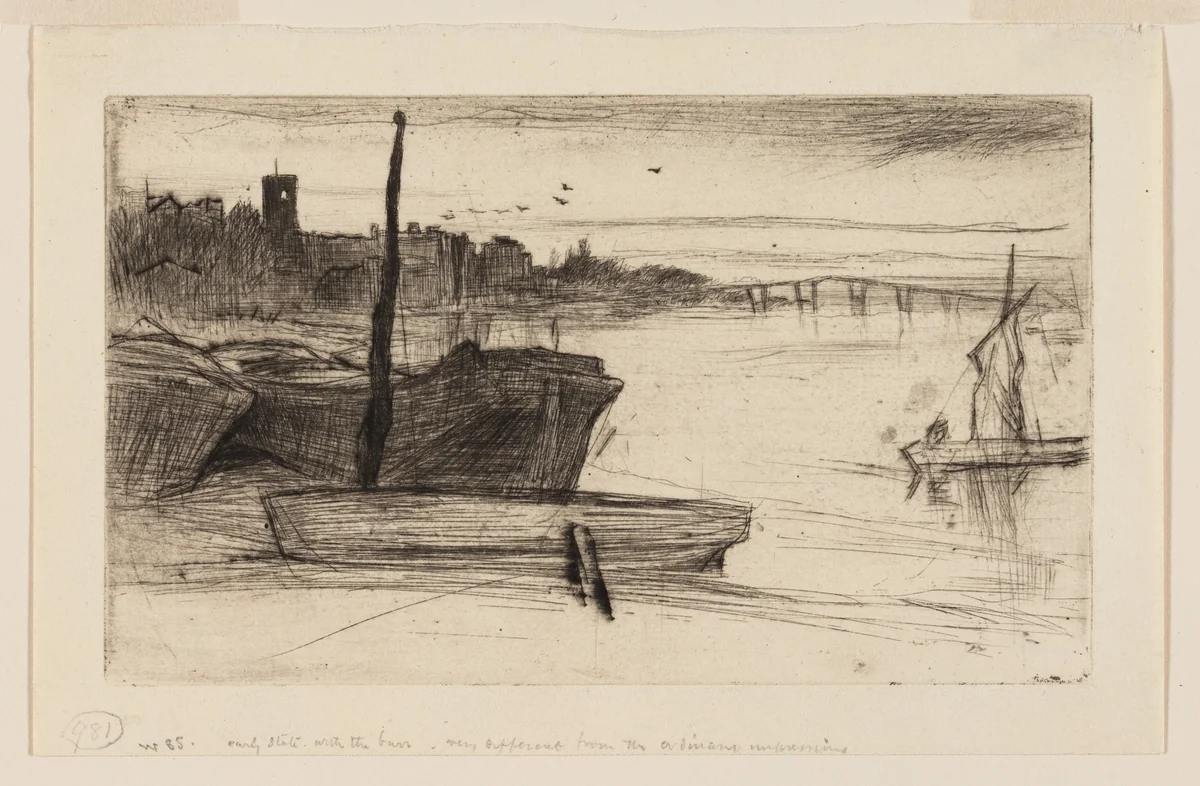 Chelsea Bridge and Church by James McNeill Whistler, print, 1871