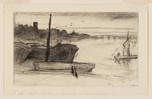 Chelsea Bridge and Church by James McNeill Whistler, print, 1871