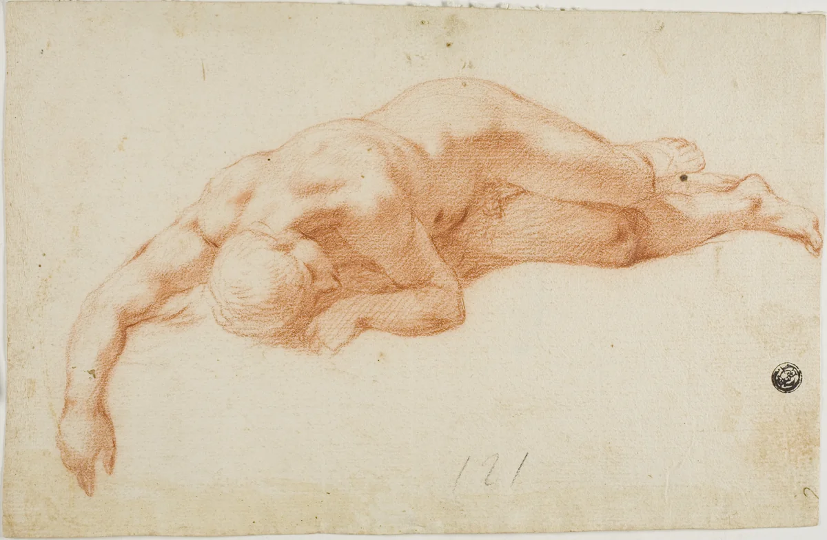 Reclining Nude Male by Unknown Artist, drawing, 1500-1699