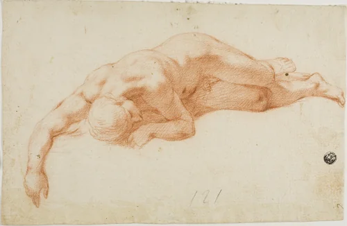 Reclining Nude Male by Unknown Artist, drawing, 1500-1699