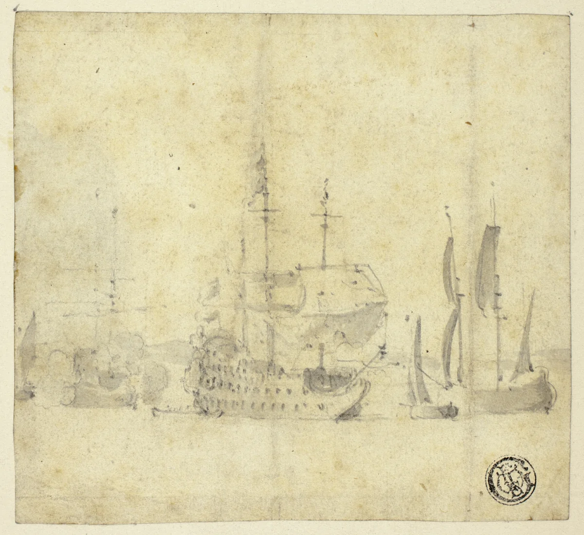 Ships in a Harbor by Willem van de Velde, drawing, 1653-1707