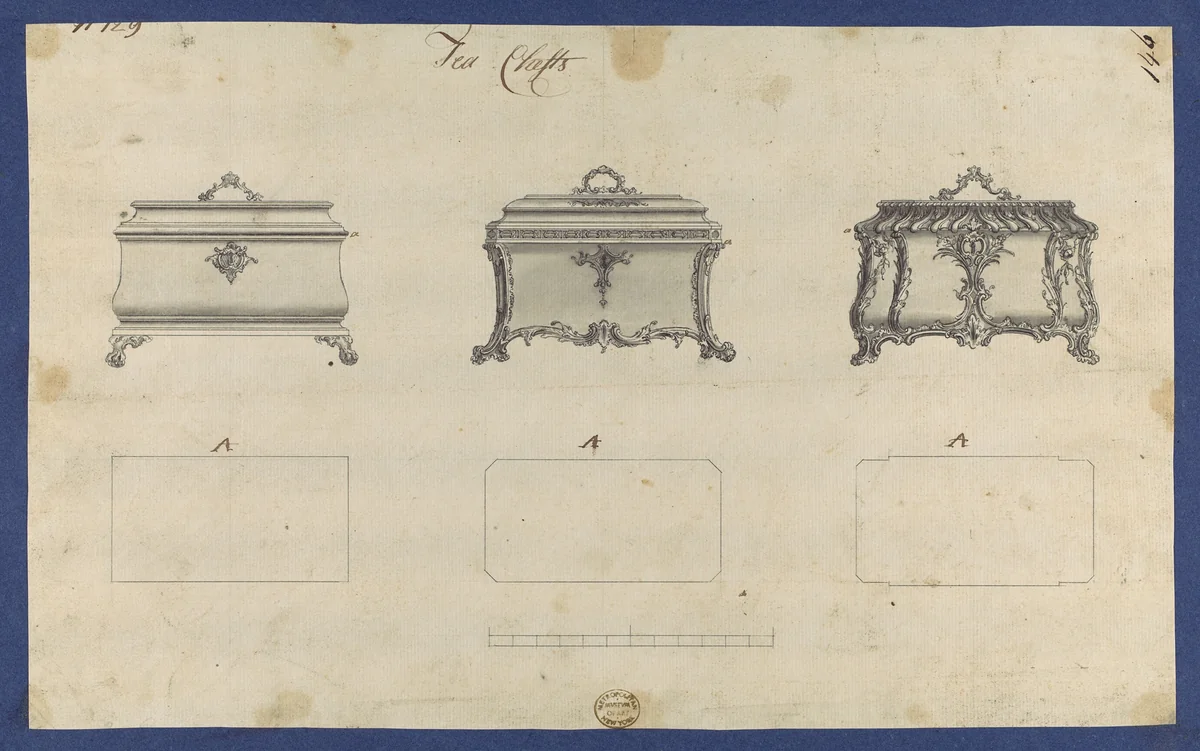 Tea Chests, in Chippendale Drawings, Vol. I by Thomas Chippendale, drawing, 1754