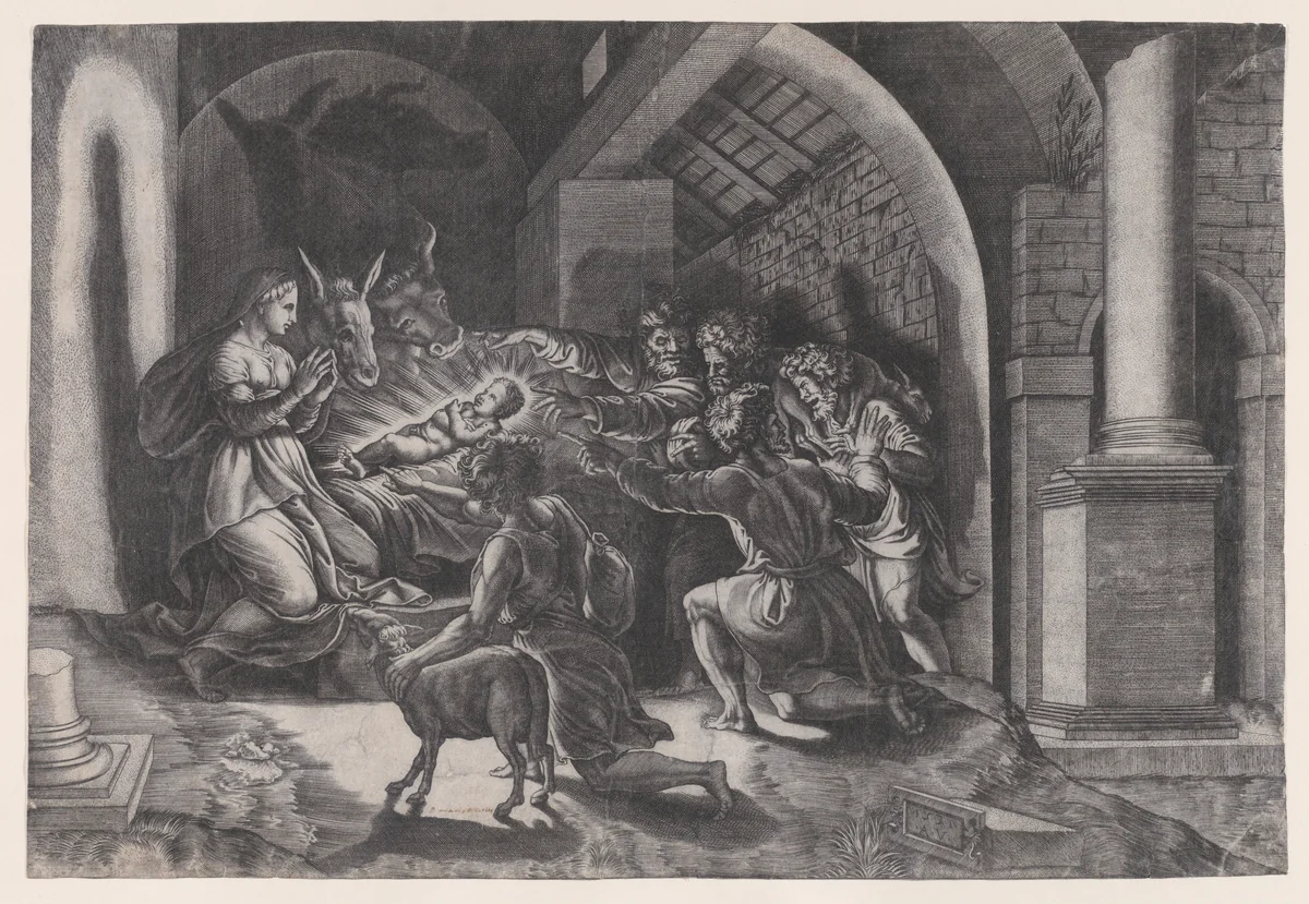 The Nativity by Agostino Veneziano, print, 1526-1536