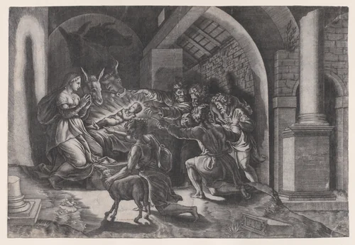 The Nativity by Agostino Veneziano, print, 1526-1536