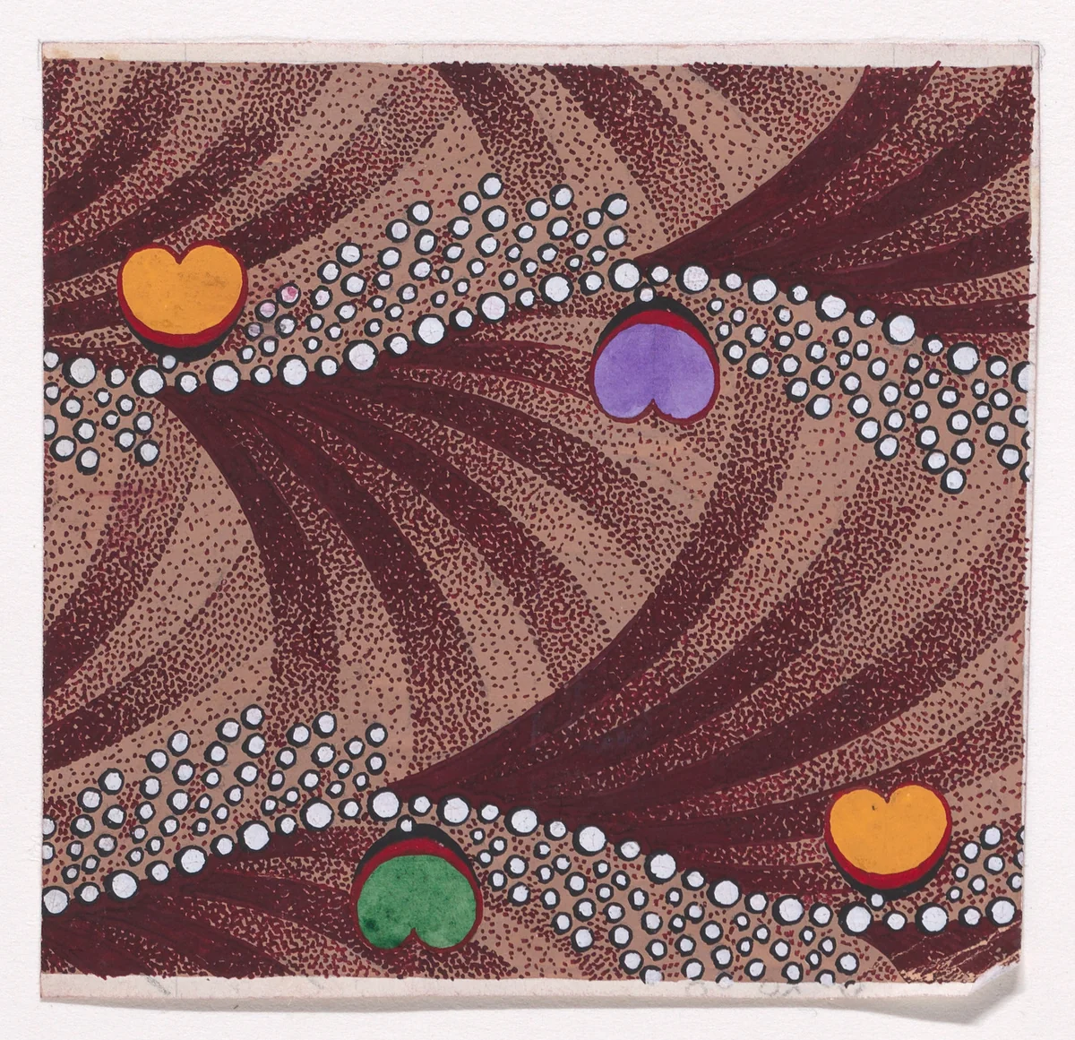 Textile Design with Horizontal Undulating Strips of Pearls with Alternating Offsetting Bundles of Pearls and Heart Shapes over a Background of Alternating Overlapping Scales by anonymous, drawing, 1840