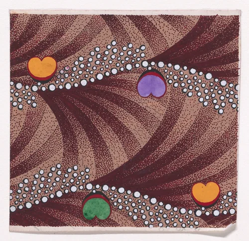 Textile Design with Horizontal Undulating Strips of Pearls with Alternating Offsetting Bundles of Pearls and Heart Shapes over a Background of Alternating Overlapping Scales by anonymous, drawing, 1840