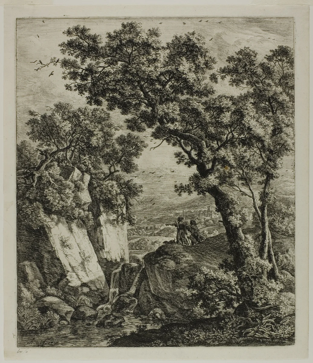 Tobias and the Angel, from Six Landscape Subjects from the Old Testament by Anthonie Waterloo, print, 1601-1700