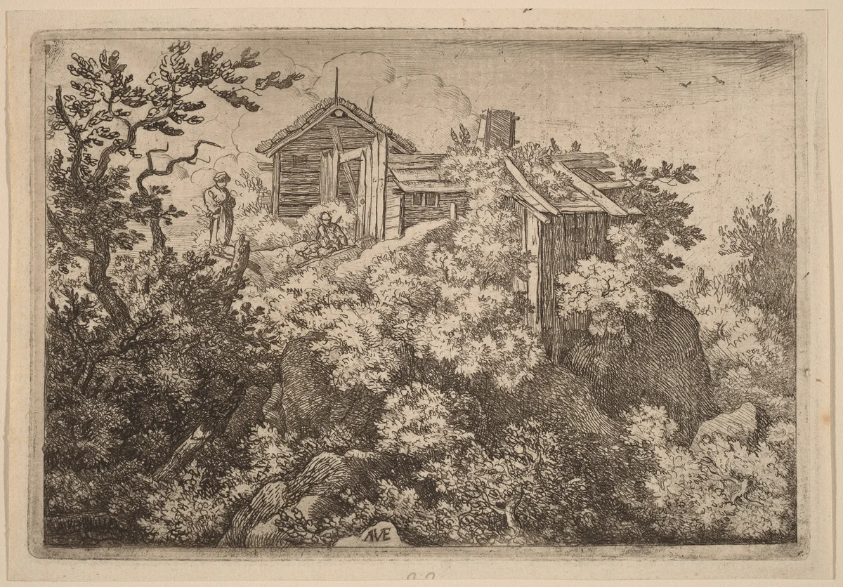 Three Cottages on a Rock by Allart van Everdingen, print, 1645-1656