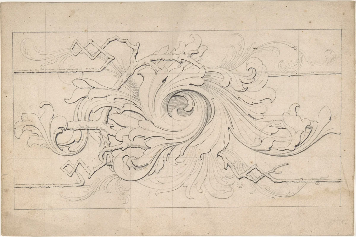Designs for borders and corners, acanthus by Robert William Hume, drawing, 1830-1904