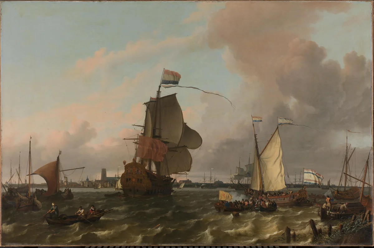 The Man-of-War Brielle on the River Maas off Rotterdam by Ludolf Bakhuysen, painting, 1689