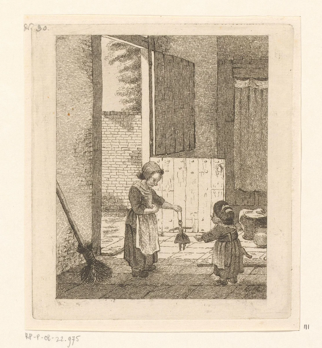 Twee meisjes spelend met een pop by Pieter de Mare, print, 1779