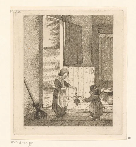 Twee meisjes spelend met een pop by Pieter de Mare, print, 1779