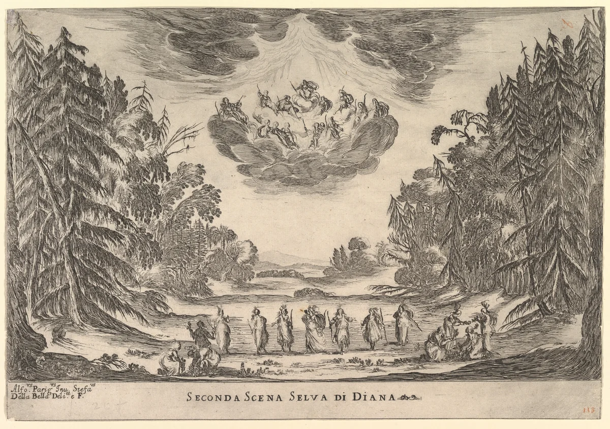 Second Scene, in Diana's forest, from "The marriage of the gods" (Le nozze degli Dei) by Stefano della Bella, print, 1637