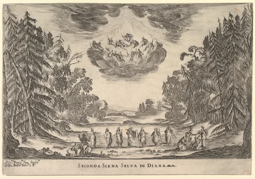 Second Scene, in Diana's forest, from "The marriage of the gods" (Le nozze degli Dei) by Stefano della Bella, print, 1637