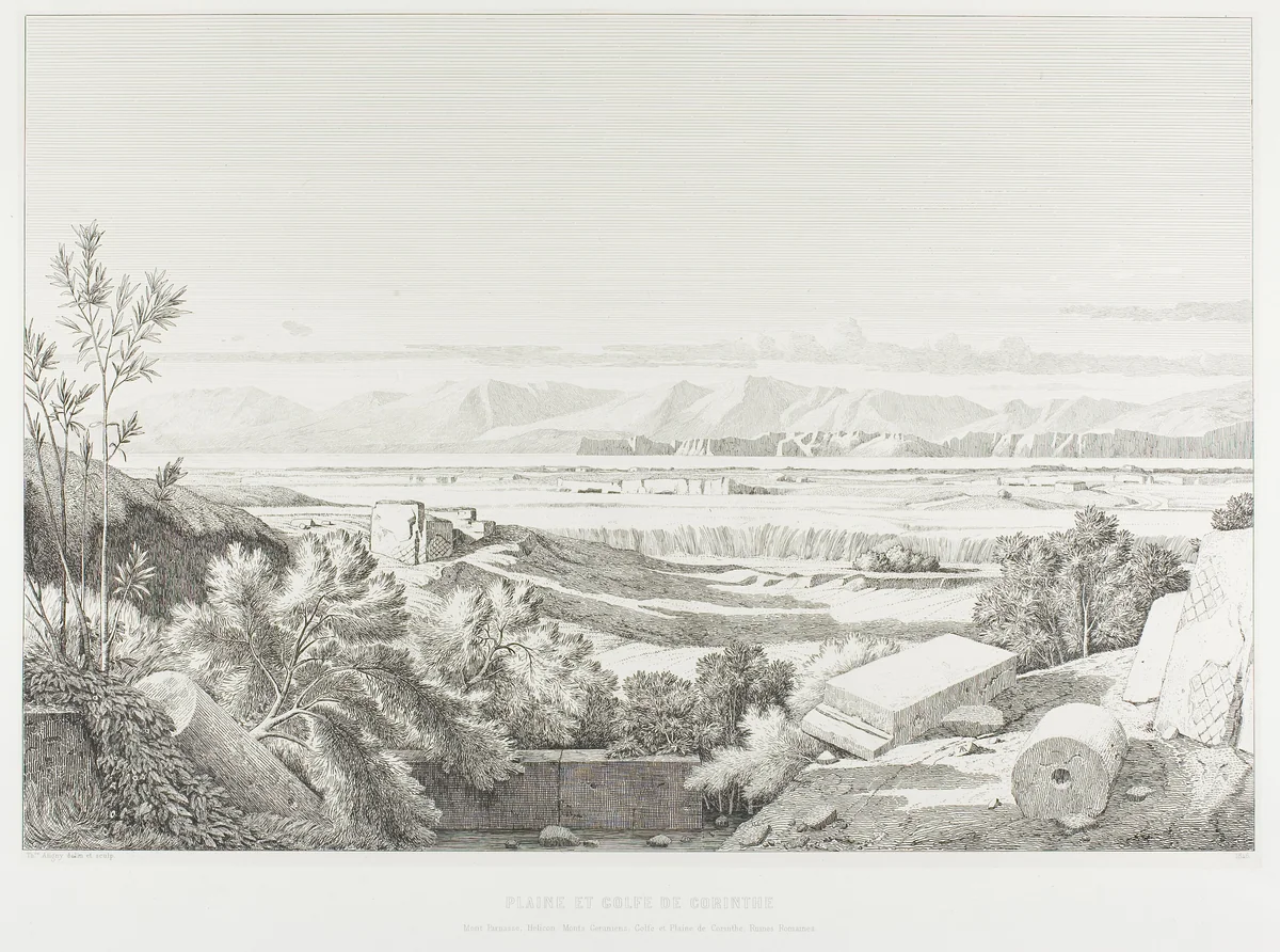 View of Délos: Cyclades. Port of Délos, Paros and Greater Délos by Théodore Caruelle d' Aligny, print, 1845